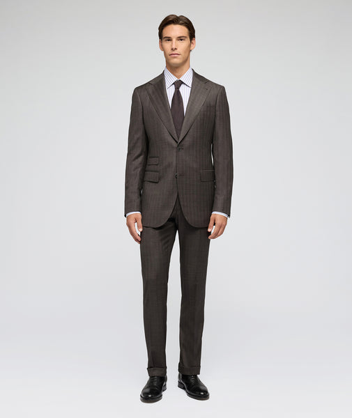 Traje de lana de espiga marrón con raya lila