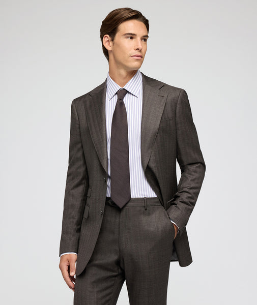 Traje de lana de espiga marrón con raya lila