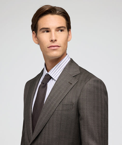 Traje de lana de espiga marrón con raya lila